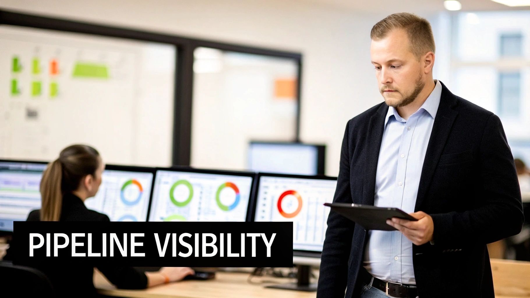 A man holds a tablet in an office with data monitors and a 'Pipeline Visibility' banner.