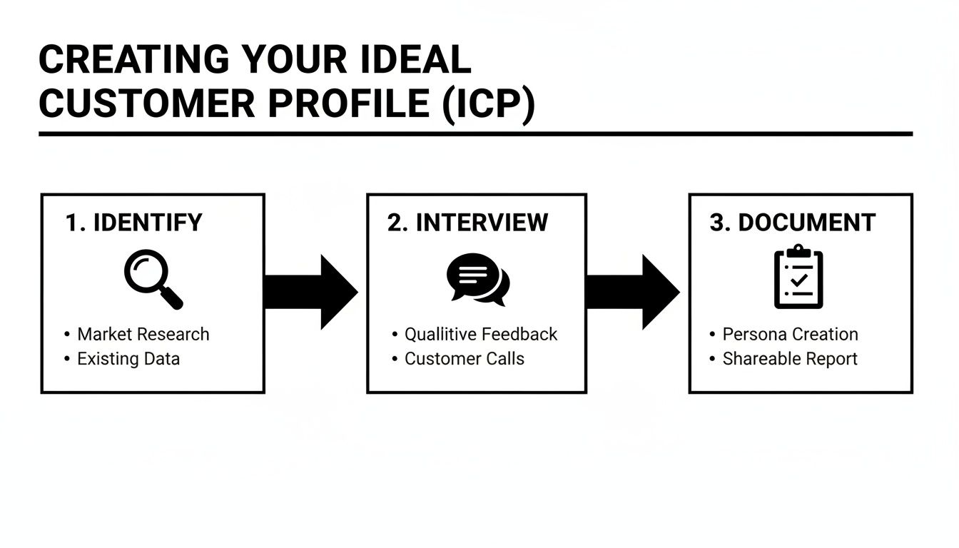A diagram illustrating a three-step process for creating an Ideal Customer Profile (ICP).