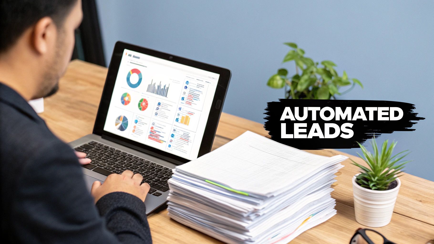 A person reviews business data on a laptop displaying charts and graphs, with 'Automated Leads' text.