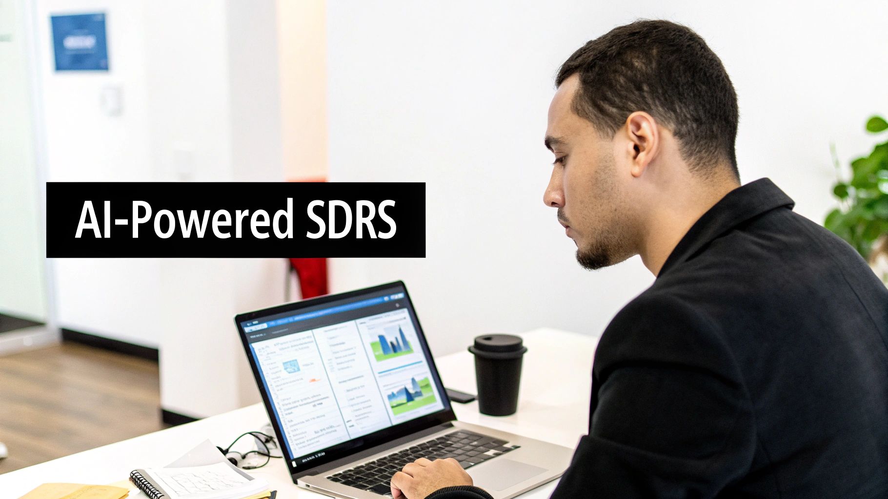 A man intently viewing data on a laptop, with an overlaid banner stating "AI-Powered SDRS."