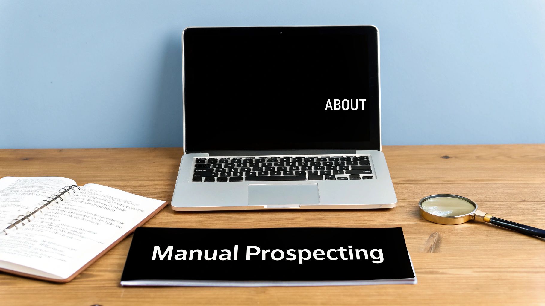 A workspace with a laptop displaying 'ABOUT', a notebook, magnifying glass, and 'Manual Prospecting' book.
