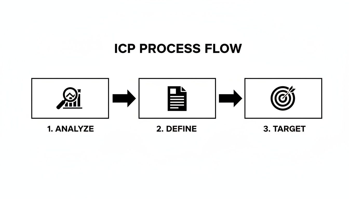 A flowchart illustrating the ICP process flow, detailing Analyze, Define, and Target steps with icons.
