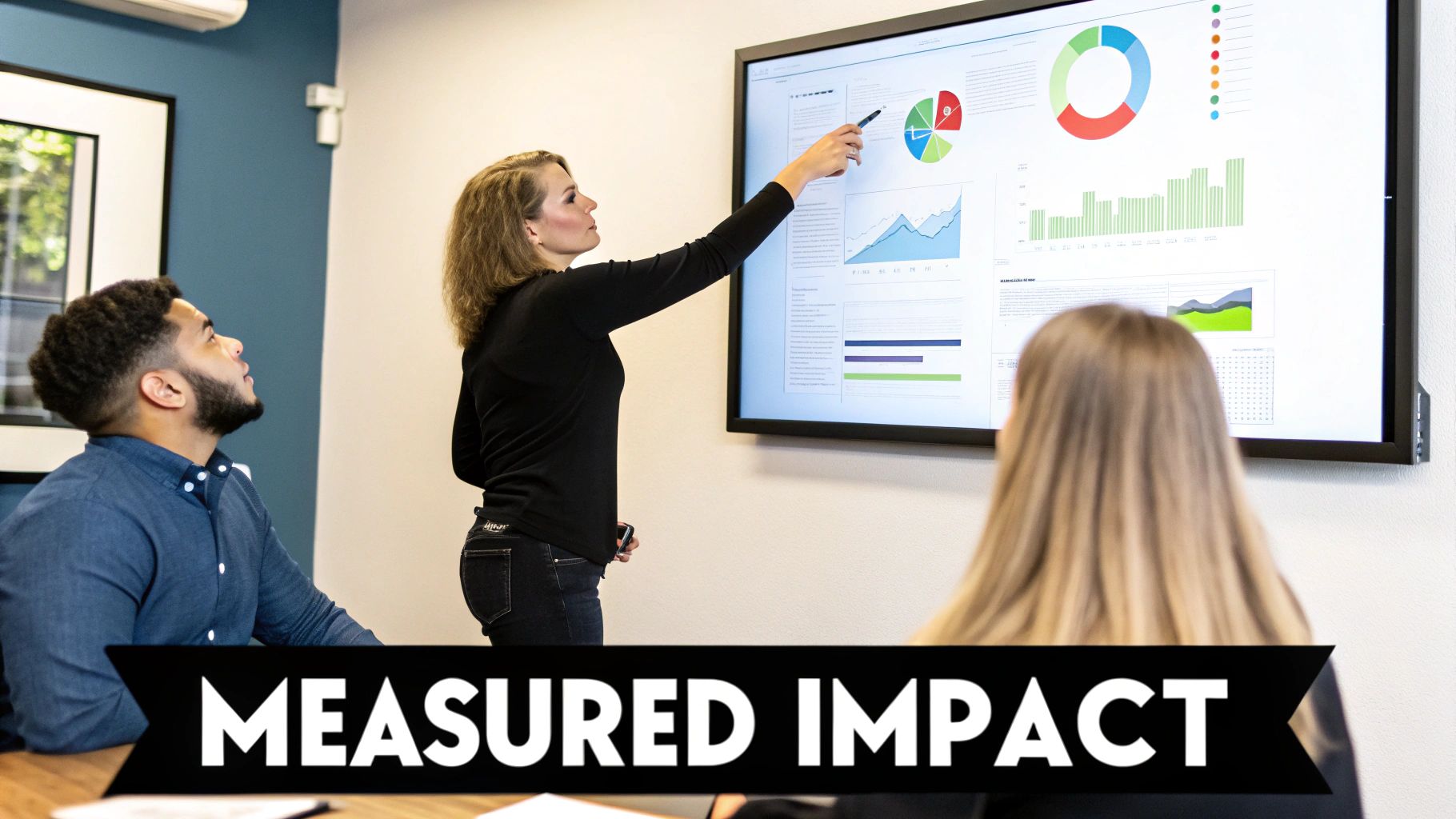 A businesswoman presents data visualizations on a large interactive screen during a meeting with colleagues.