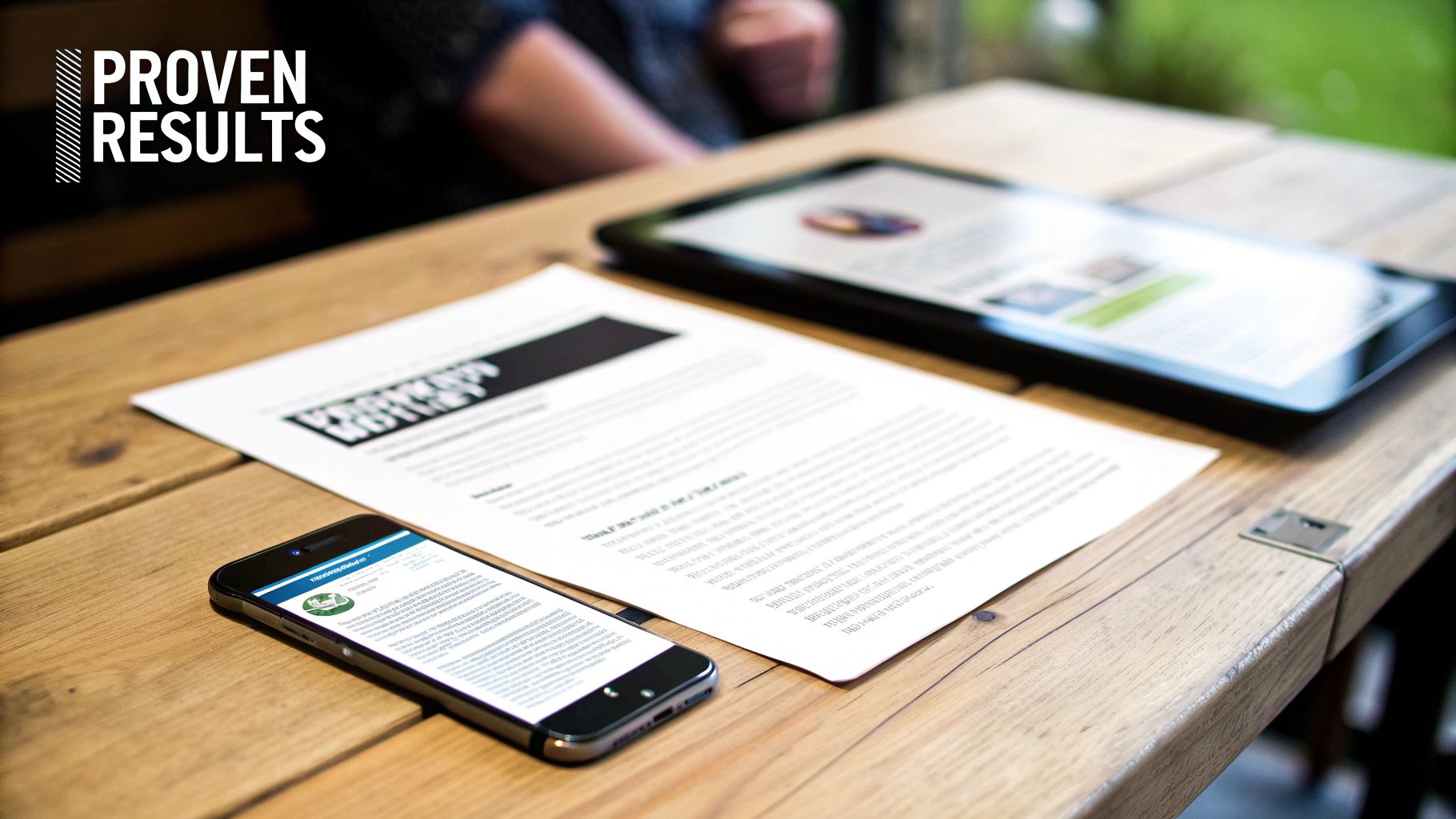 Smartphone, paper document, and tablet on a wooden table, with 'Proven Results' text overlay.