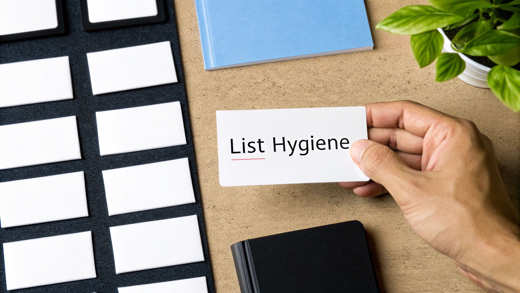 A hand holds a white card with 'List Hygiene' text, surrounded by office items.