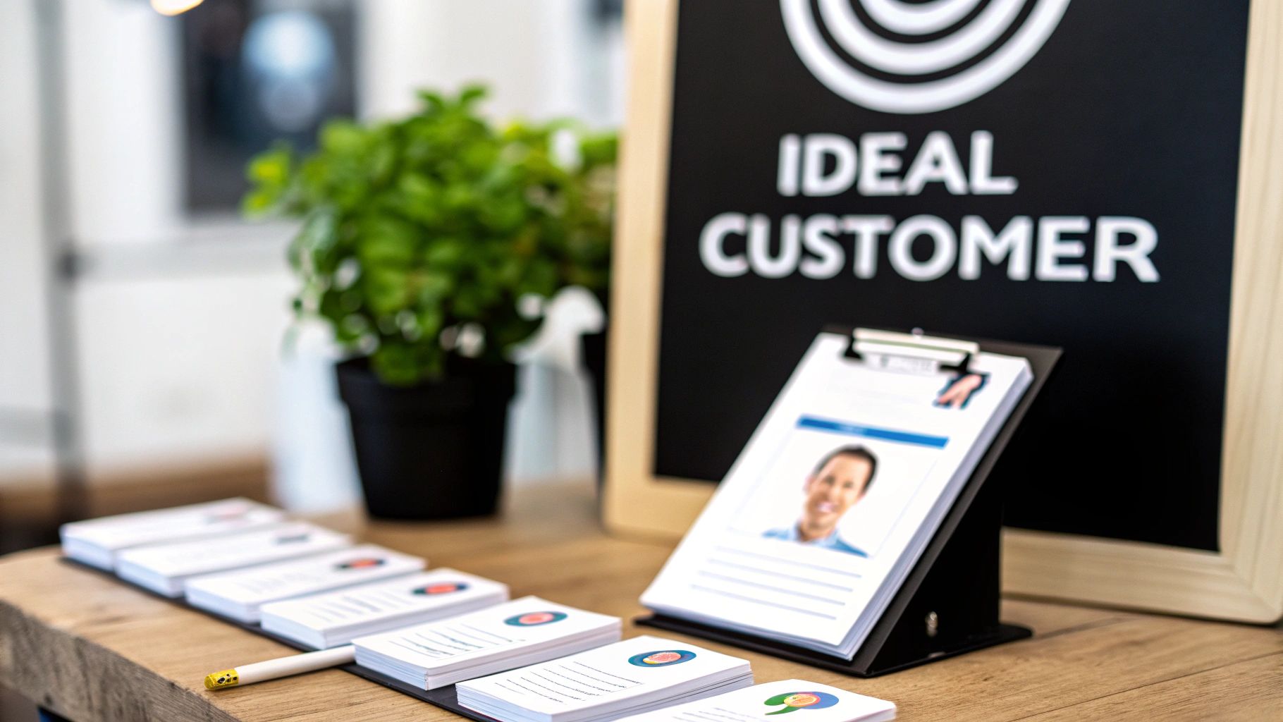 A desk with an 'Ideal Customer' sign, a clipboard with a profile, and stacks of persona cards.