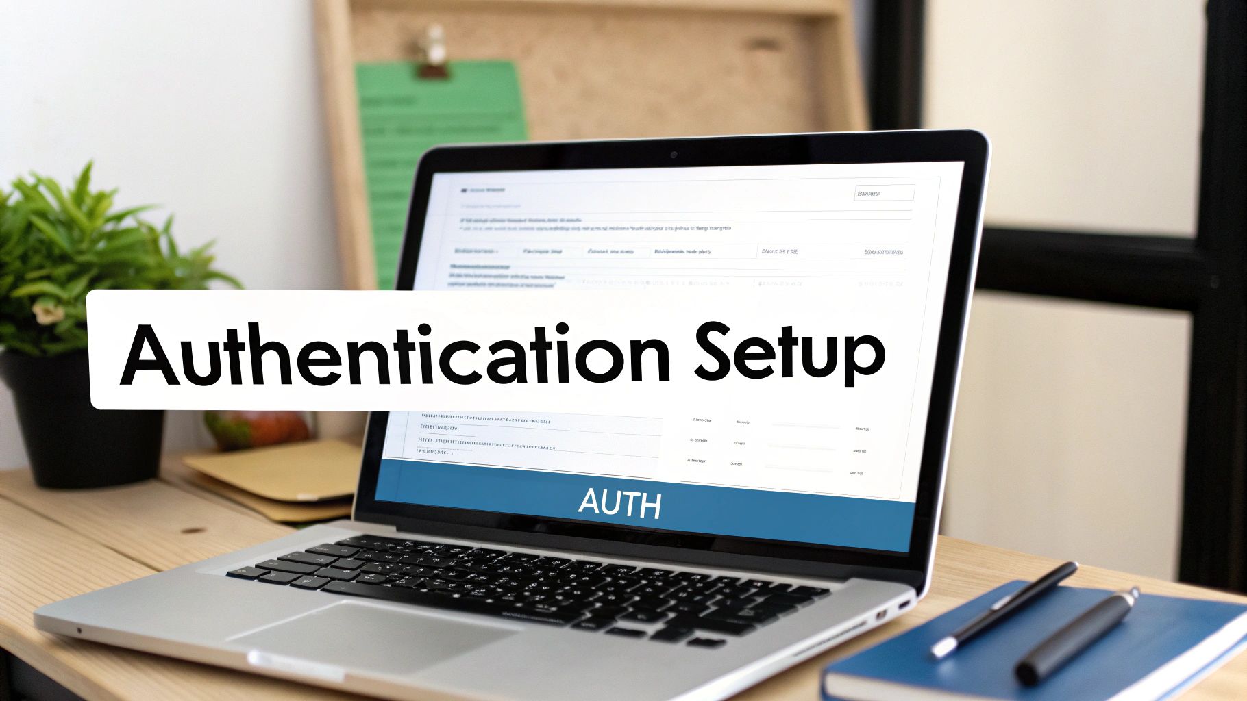 A laptop on a wooden desk displaying 'Authentication Setup' and 'AUTH' on its screen.