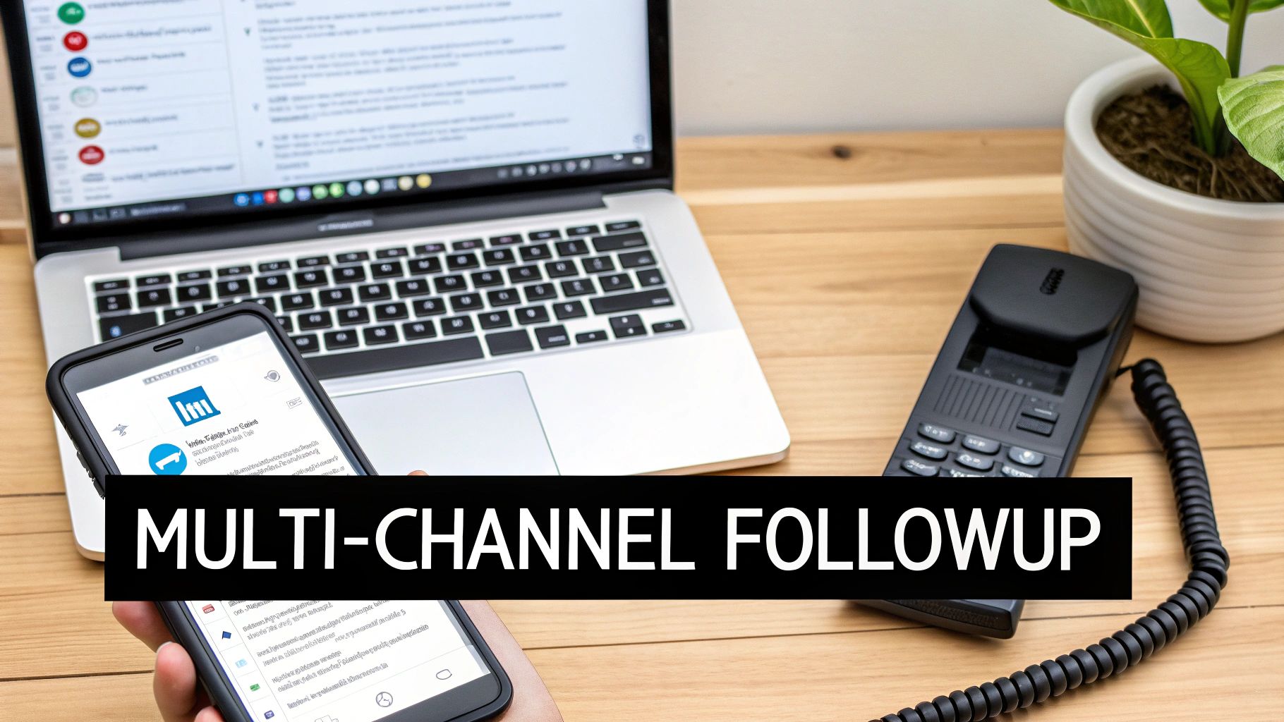 A desk with a laptop, smartphone, and landline phone illustrating multi-channel follow-up strategies.