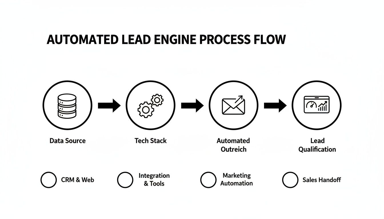 A diagram showing the automated lead engine process flow from data source to lead qualification.