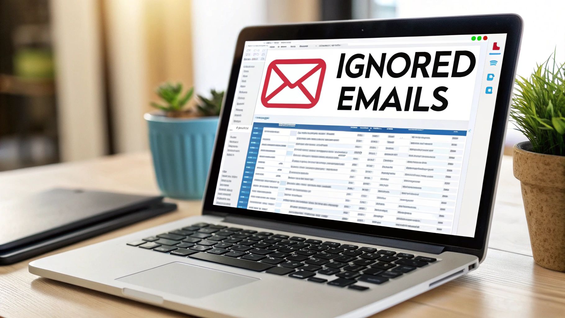 A laptop on a wooden desk displays an email interface with a red envelope icon and 'IGNORED EMAILS' text.