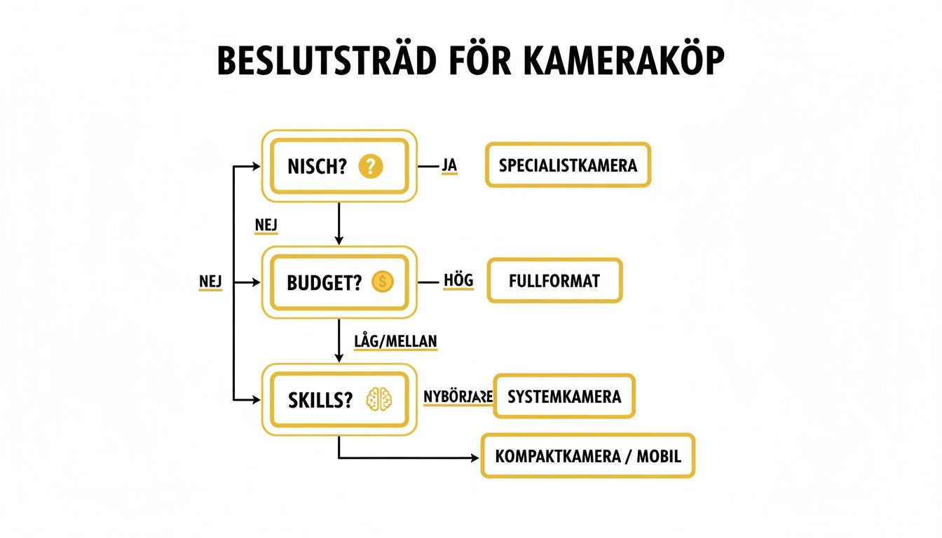 Flödesschema som visar ett beslutsträd för att välja rätt kamera baserat på nisch, budget och färdigheter.