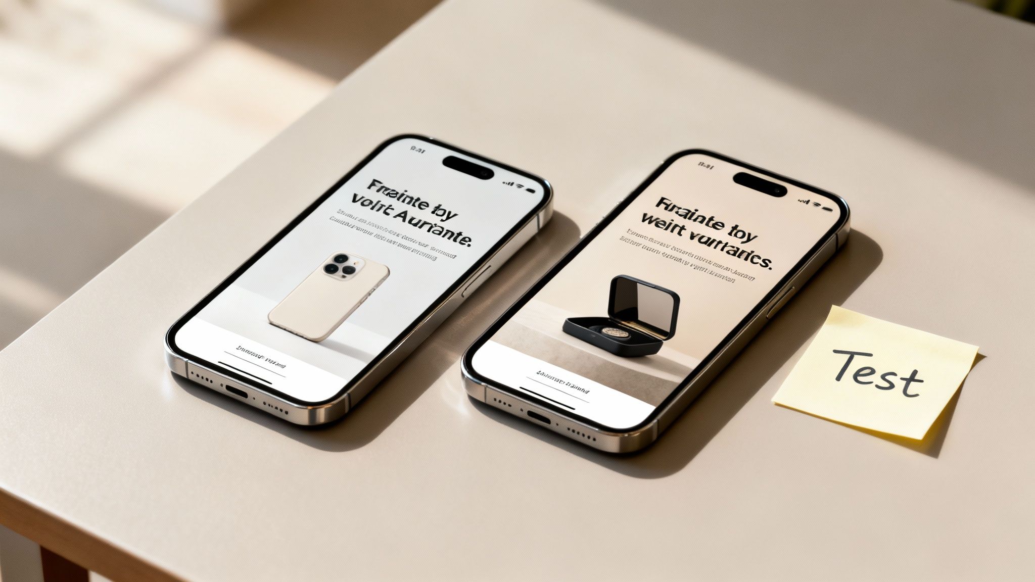 Två iPhones på en beige yta, med en beige telefon och ett svart hörlursfodral på skärmarna, samt en gul 'Test'-lapp.