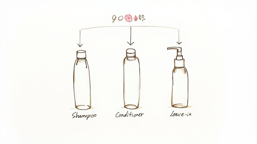 Flera produkter från Maria Nilas Structure Repair-serie, inklusive schampo, balsam och leave-in kräm, arrangerade tillsammans för att visa synergier.