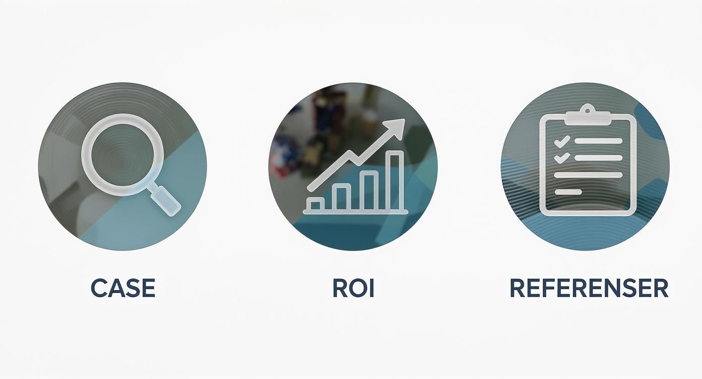 Infographic som visar ett beslutsträd för att välja brand agency, med ikoner för case, ROI och referenser.