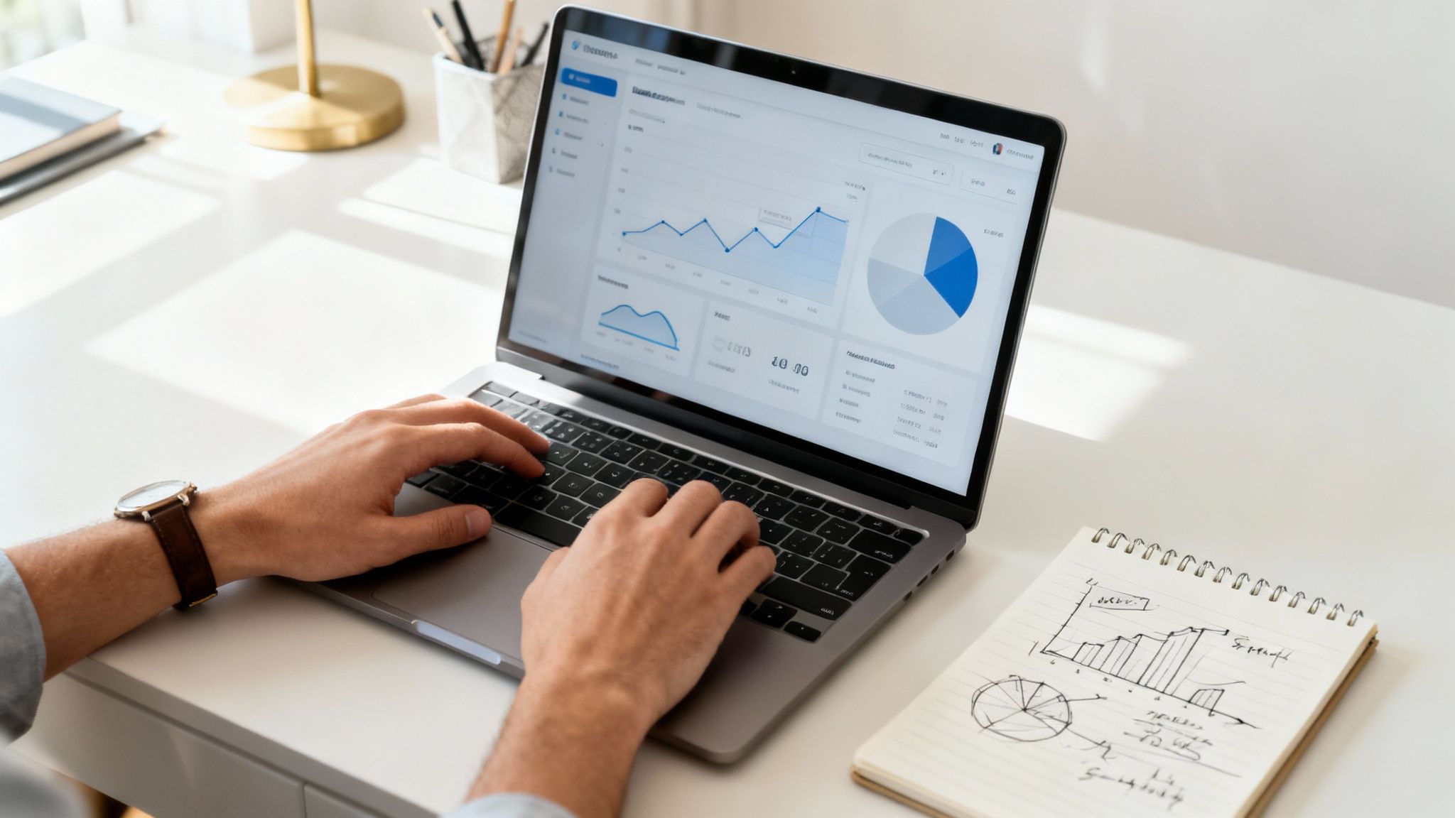 En person arbetar vid en laptop med analysdata och diagram på skärmen, bredvid en anteckningsbok med skisser.