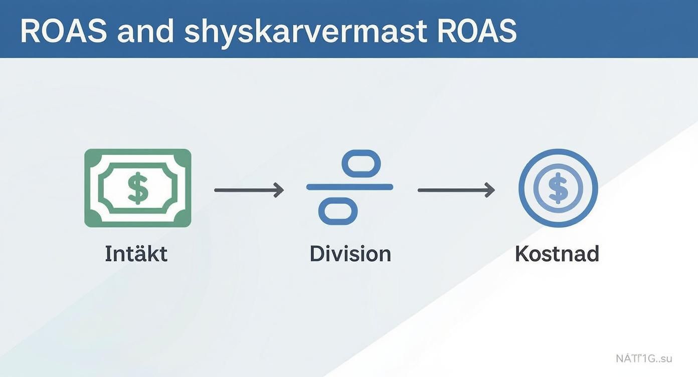 Bilden förklarar ROAS-beräkningen: Intäkt visas som sedelikon, följt av divisionssymbol och kostnadsikon.