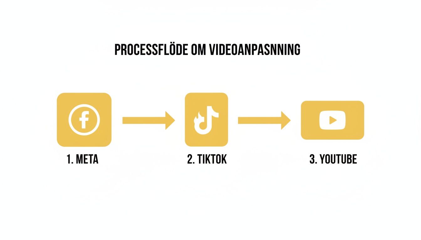 Ett flödesschema som visar processen för videoanpassning från Meta till TikTok och sedan till YouTube.