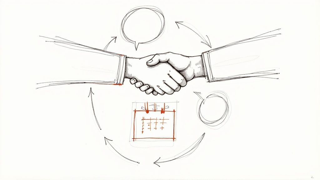 Två personer skakar hand över ett bord i ett ljust kontor, vilket symboliserar starten på ett starkt partnerskap