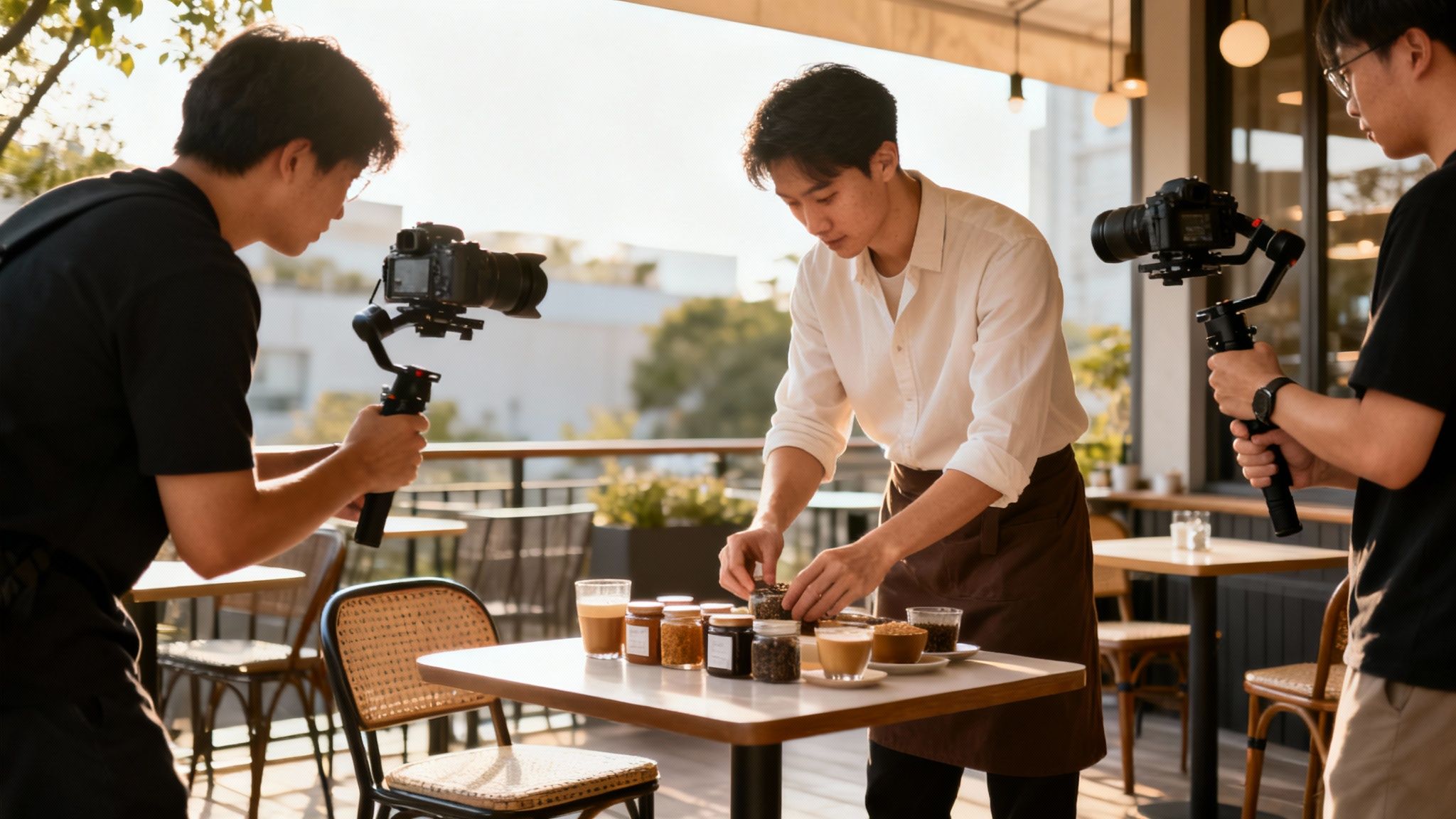 Tre män filmar en barista som förbereder drycker och produkter på ett café utomhus.