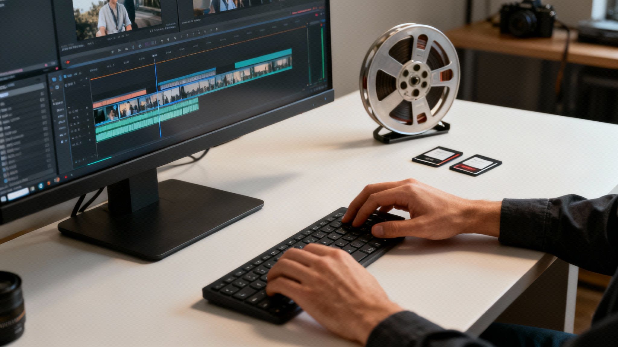 Person redigerar video i postproduktion med filmrulle och minneskort på skrivbordet i Stockholm