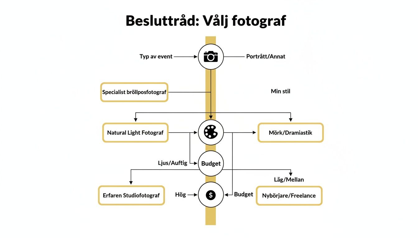 Beslutsträd som hjälper dig att välja rätt fotograf baserat på eventtyp, stil och budget.