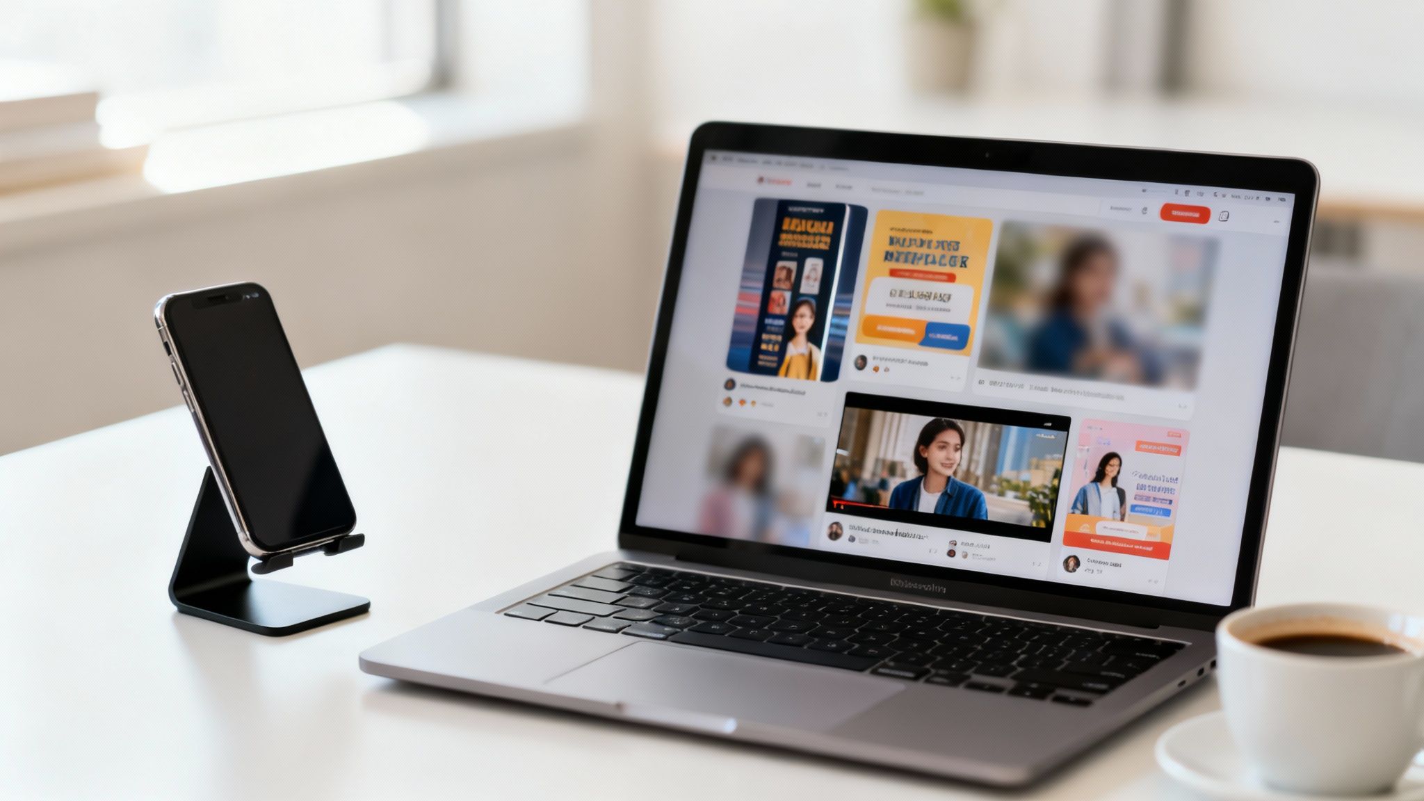 En laptop med en video, en smartphone på ett ställ och en kopp kaffe på ett vitt skrivbord.