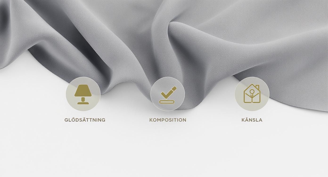 Grå tyg med tre ikoner som visar glödsättning, komposition och känsla för textil och heminredning