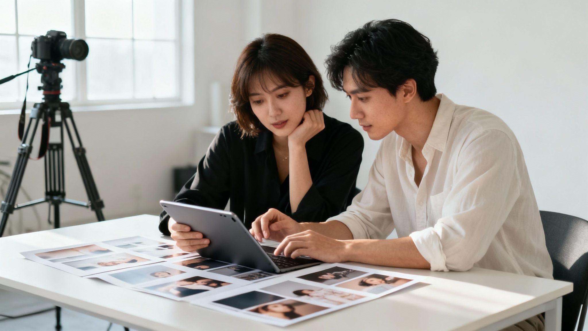 Två fotografer granskar bilder på en laptop och utskrifter på ett bord, med en kamera på stativ i bakgrunden.