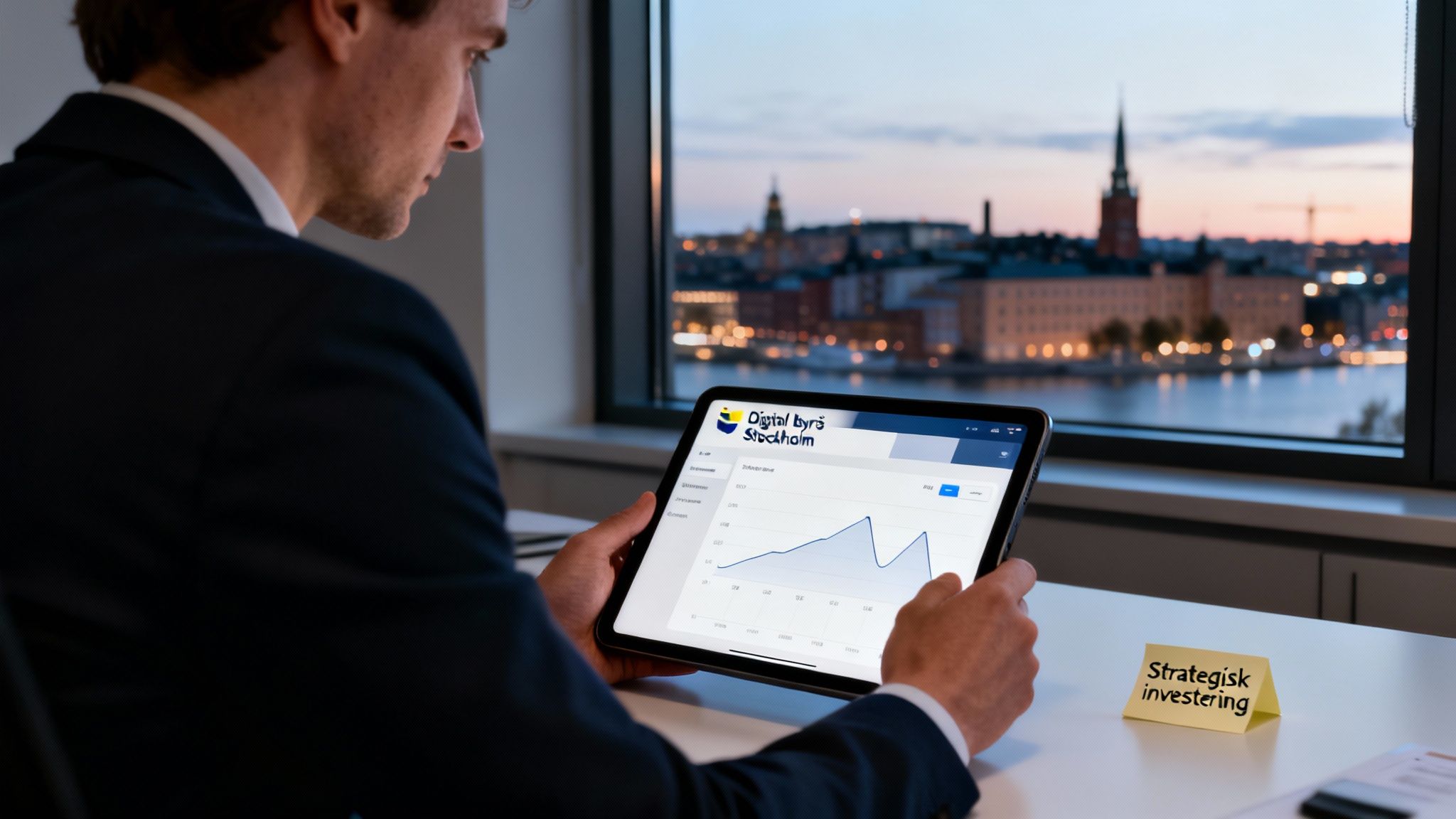 En man i kostym tittar på en surfplatta med finansiella grafer, med Stockholms stadssiluett i bakgrunden. En post-it-lapp säger "Strategisk investering".