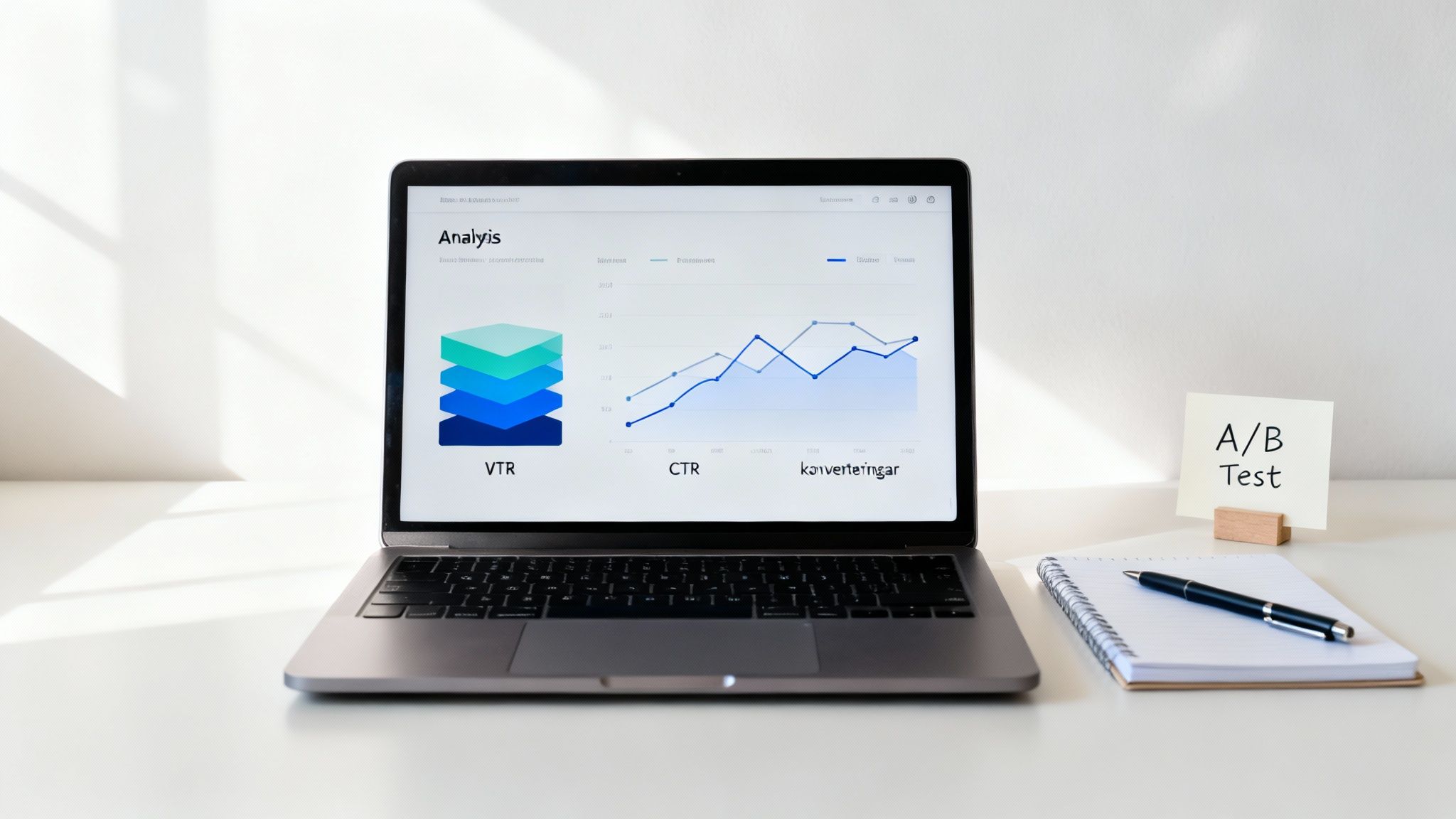 En laptop visar analys av data med grafer för VTR, CTR och konverteringar, bredvid en lapp som säger 'A/B Test'.