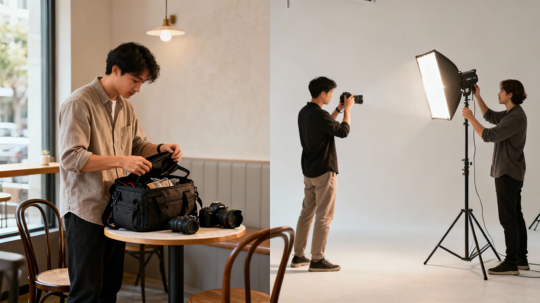 En fotograf förbereder utrustning i ett kafé och arbetar sedan i en studio.