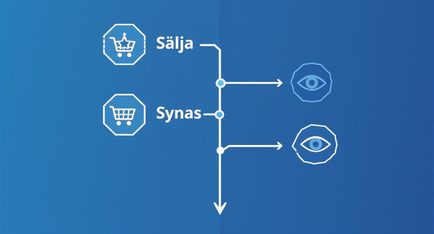 Infographic som visar ett beslutsträd för PR-mål med två vägar att välja mellan Sälja och Synas