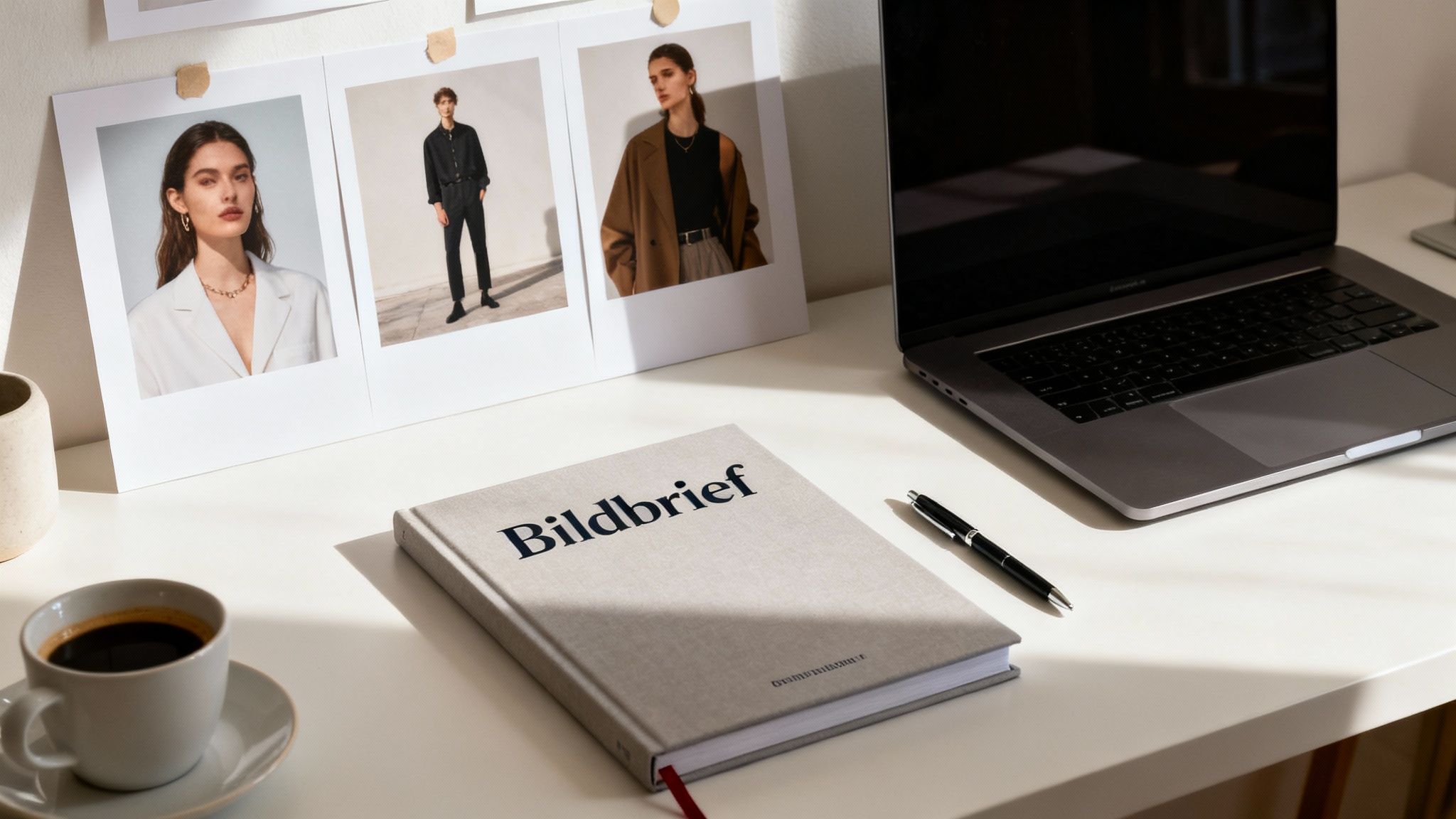 Bildbrief och moodboard med modefotografier på skrivbord med bärbar dator och kaffe