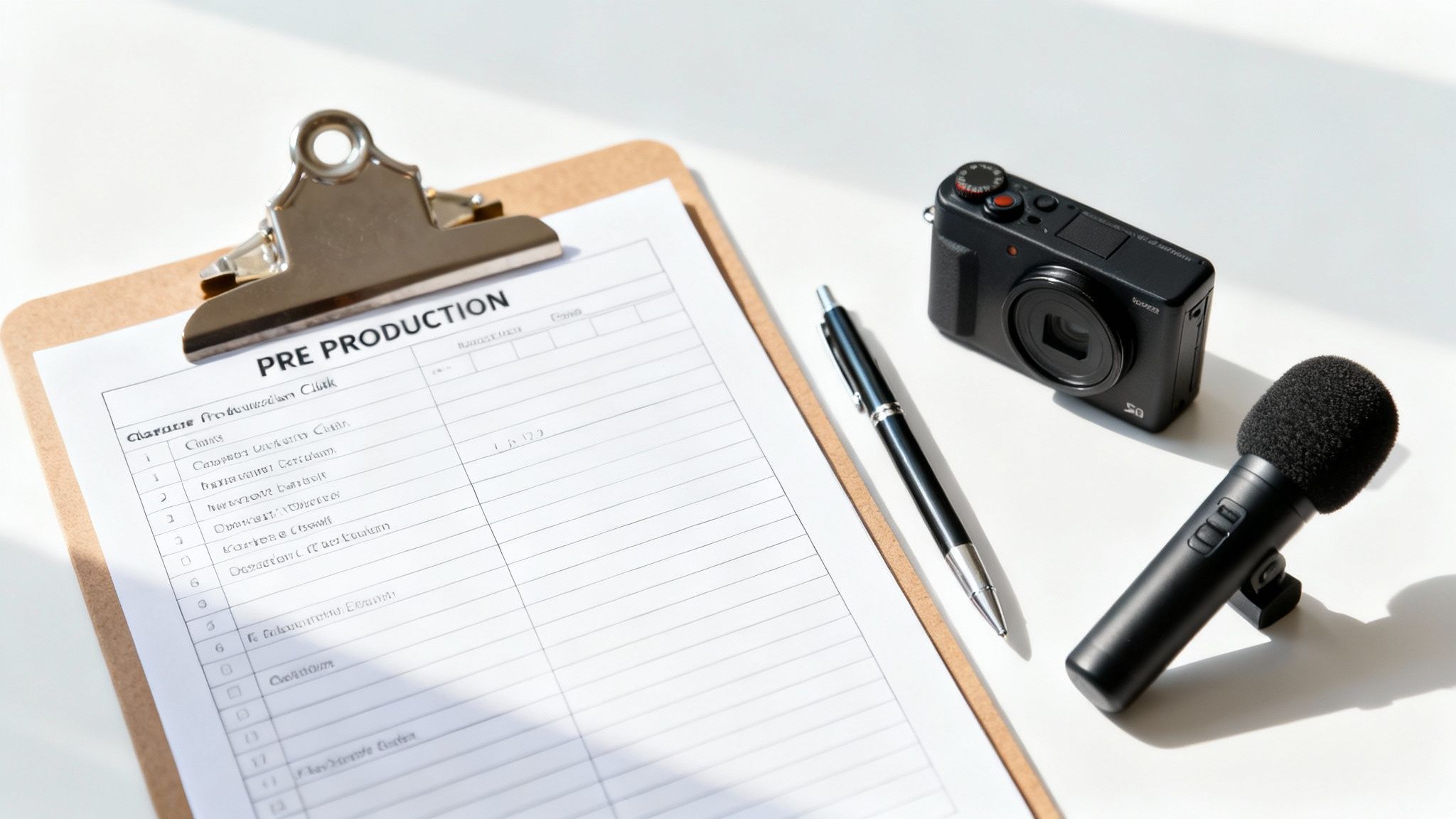 En person som arbetar med en checklista på en laptop med filmutrustning i bakgrunden.