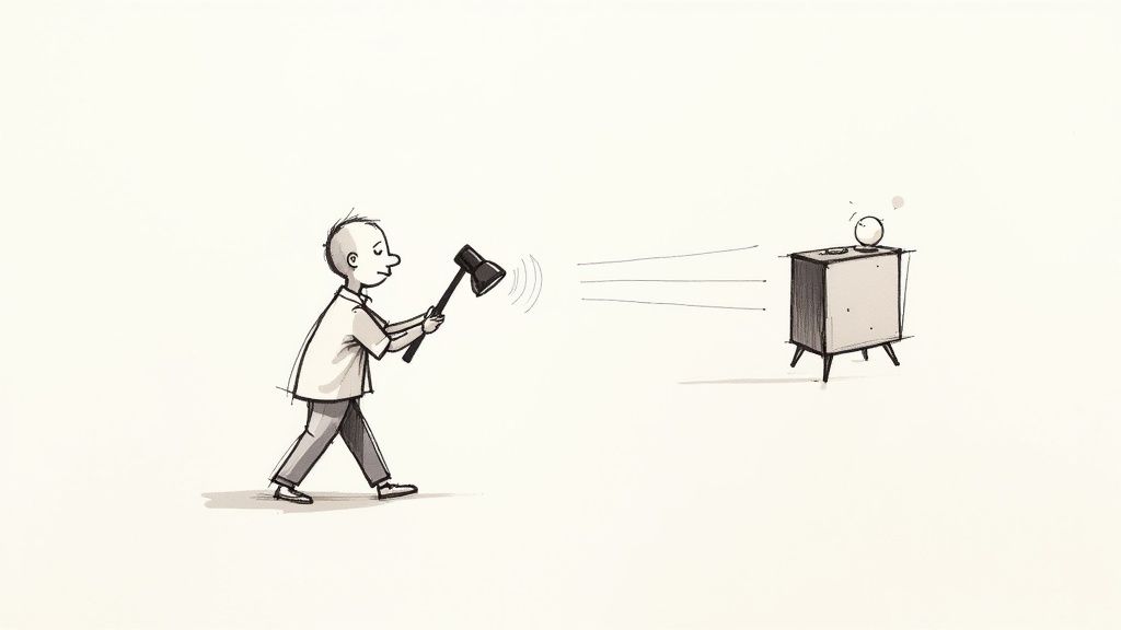 En illustratör som skissar på en surfplatta med färgglada former runt sig.