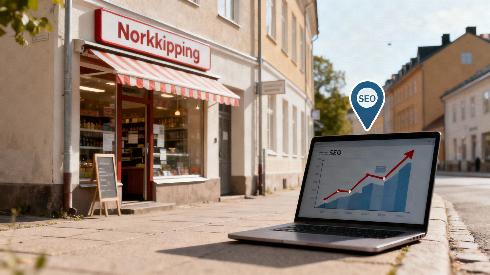Laptop som visar SEO-statistik och tillväxtgrafer utanför lokal Norrköping-butik med kartmarkör