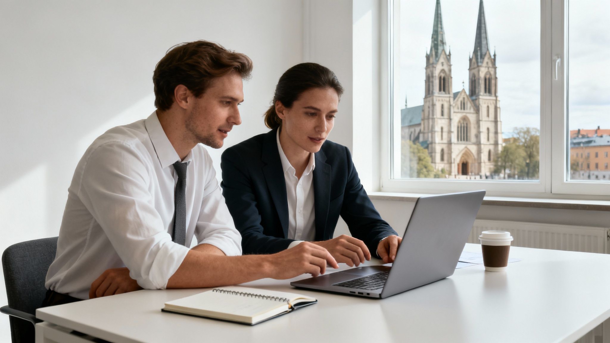 Två kollegor sitter vid ett skrivbord, tittar på en laptop och samarbeta i ett kontor med utsikt över en kyrka.