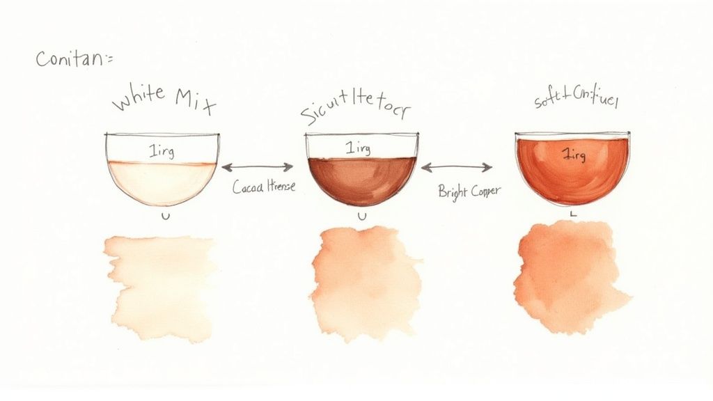 En palett av hårfärger som visar olika koppartoner från ljus aprikos till djupare rödbrun.