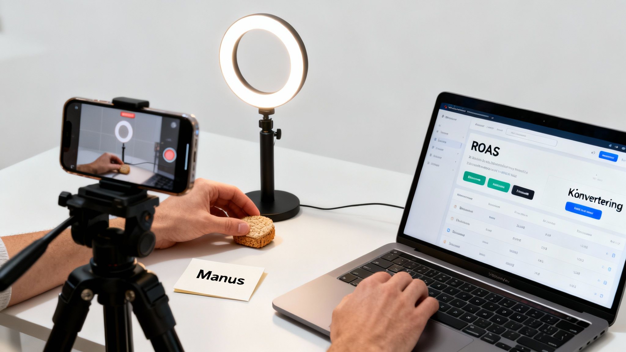 En person filmar en produkt med en smartphone på ett stativ, en ringlampa, en laptop med ROAS och en anteckning.