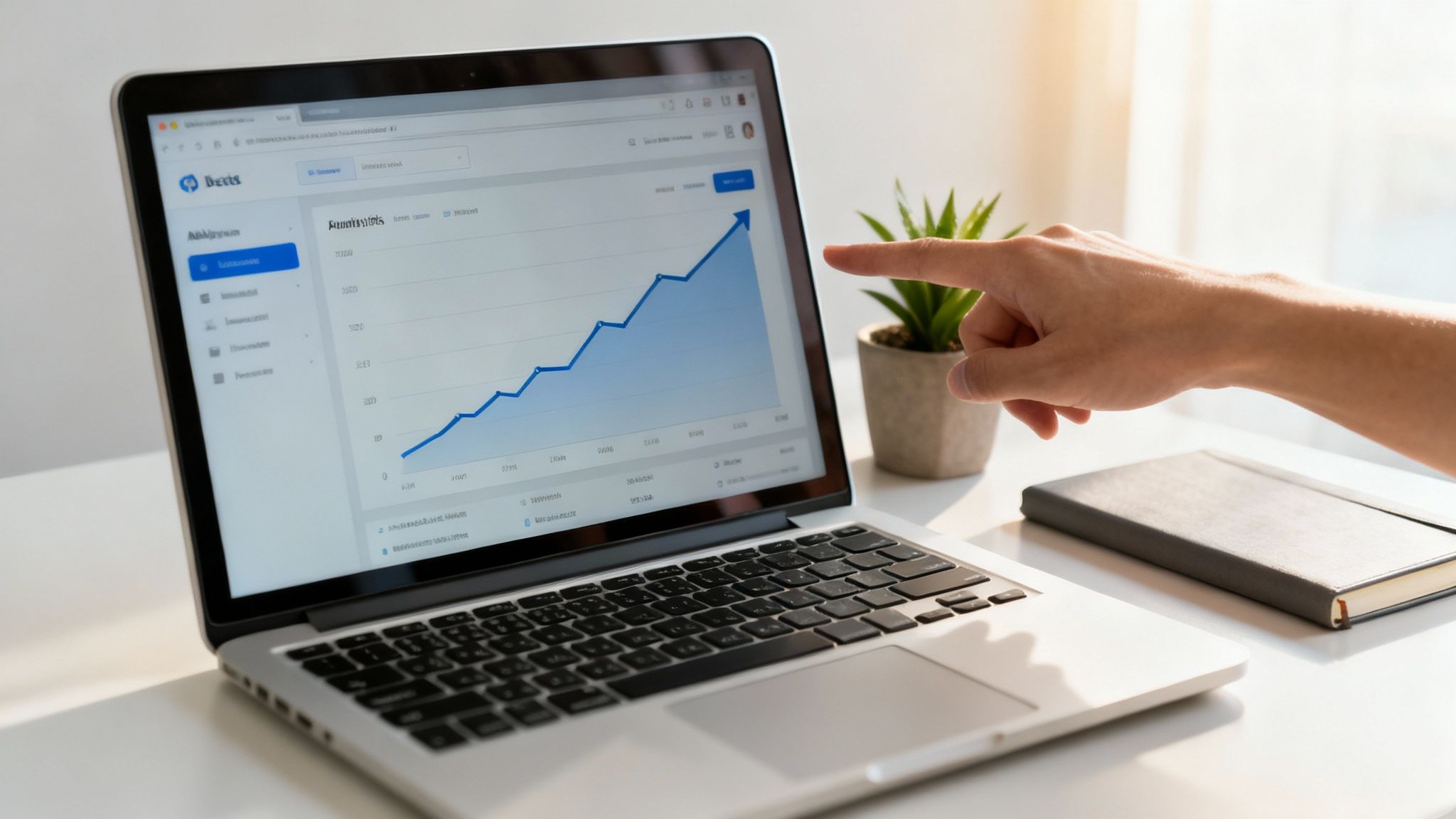 En hand pekar på en laptopskärm som visar en stigande graf över tillväxt. Kontor med växt och anteckningsbok.