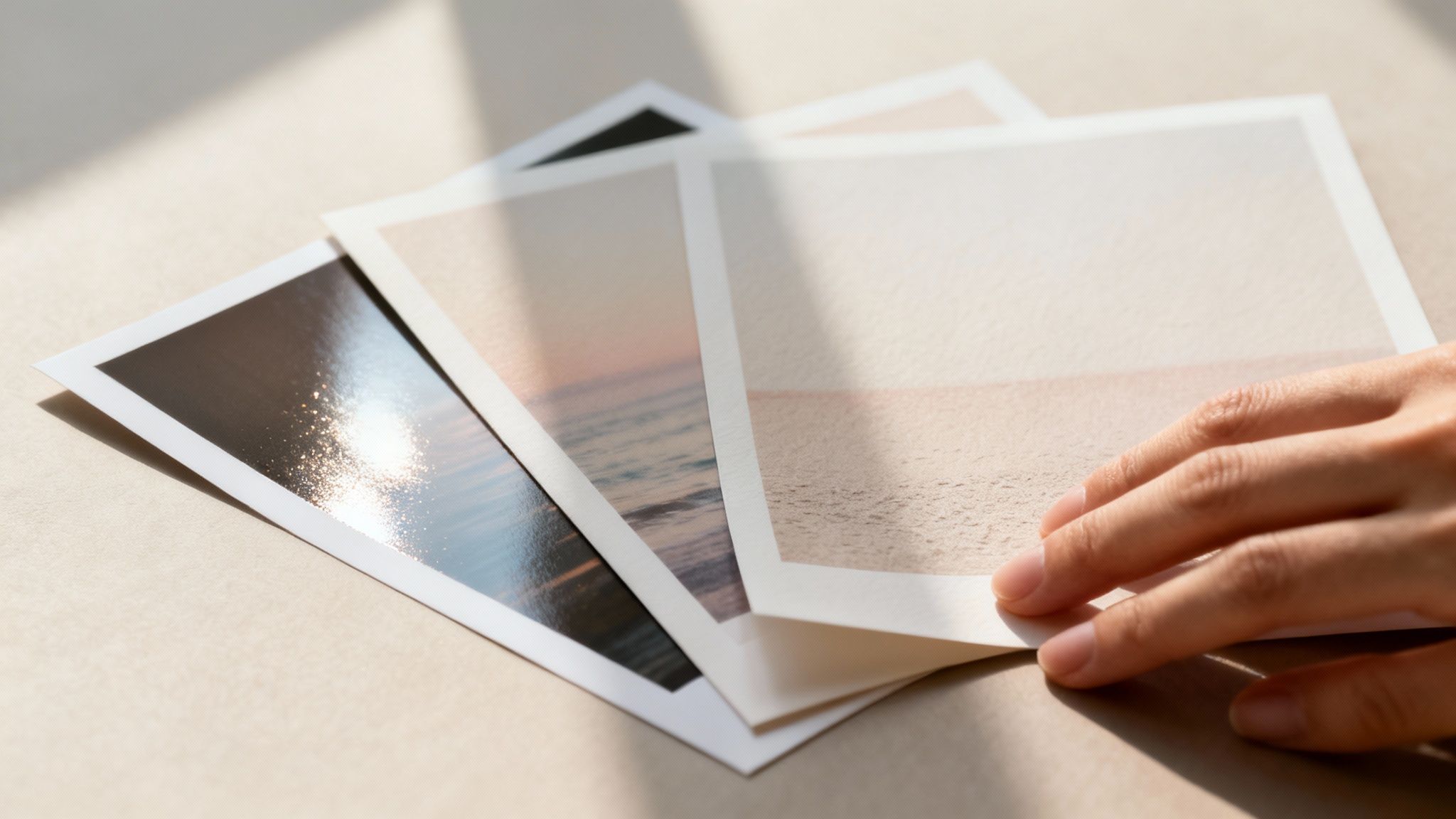En hand bläddrar bland framkallade foton av havet och stranden med solljus och skuggor.