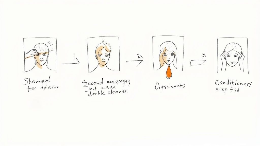 En person tvättar sitt hår i en dusch, med fokus på löddret och vattnet.