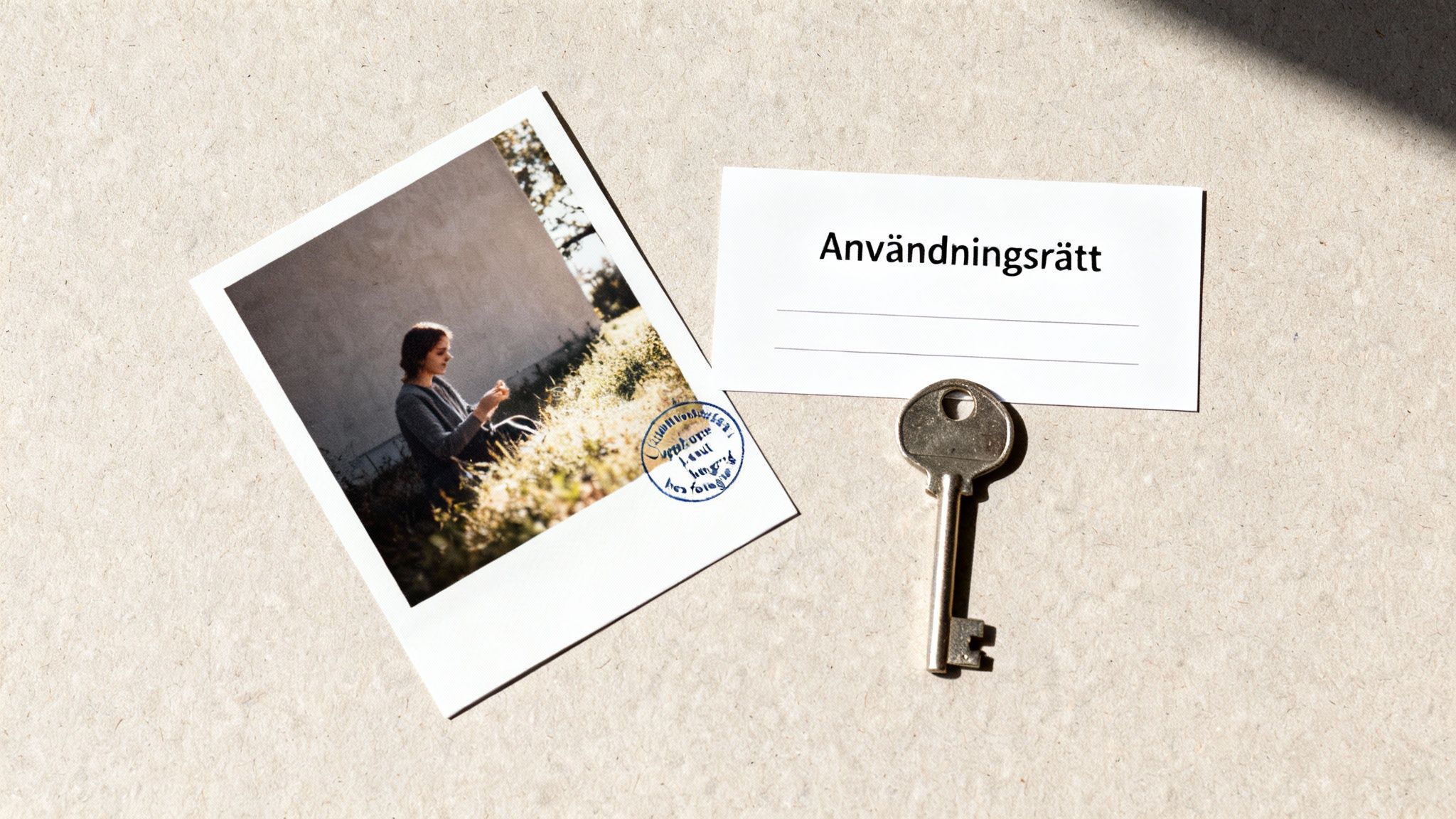 Polaroidbild på kvinna med kort texten 'Användningsrätt' och en gammal nyckel, symboliserar äganderätt eller licens.