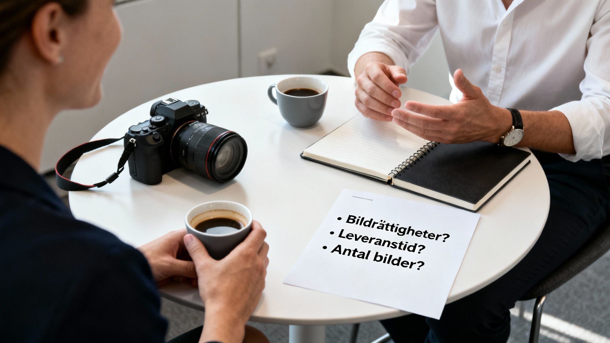 Fotograf och kund diskuterar frågor som bildrättigheter, leveranstid och antal bilder under ett möte.