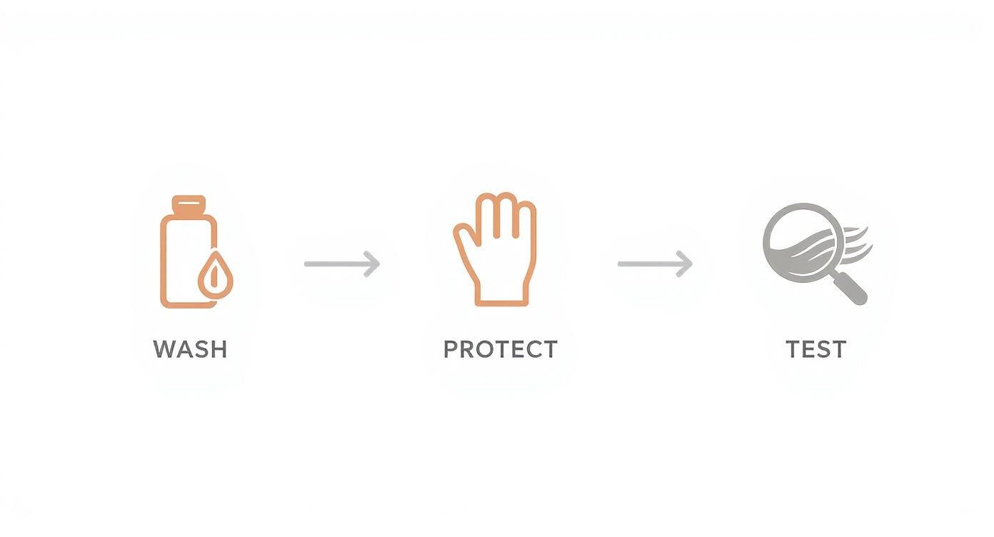 Processflöde för förberedelse inför färgning med Maria Nila Bright Copper som visar stegen tvätta, skydda och testa