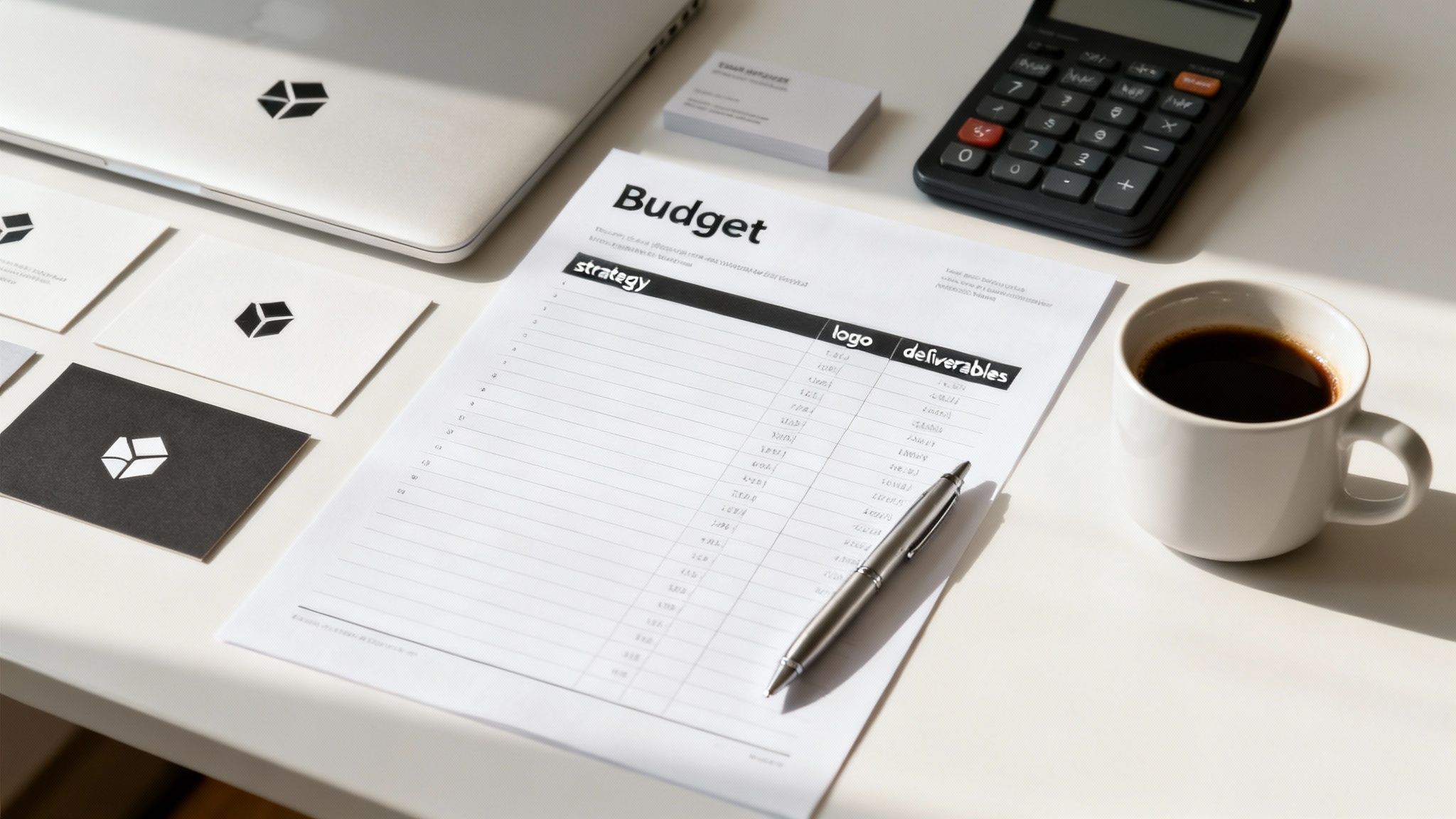 En person som arbetar med en budgetplan vid ett skrivbord med miniräknare och papper