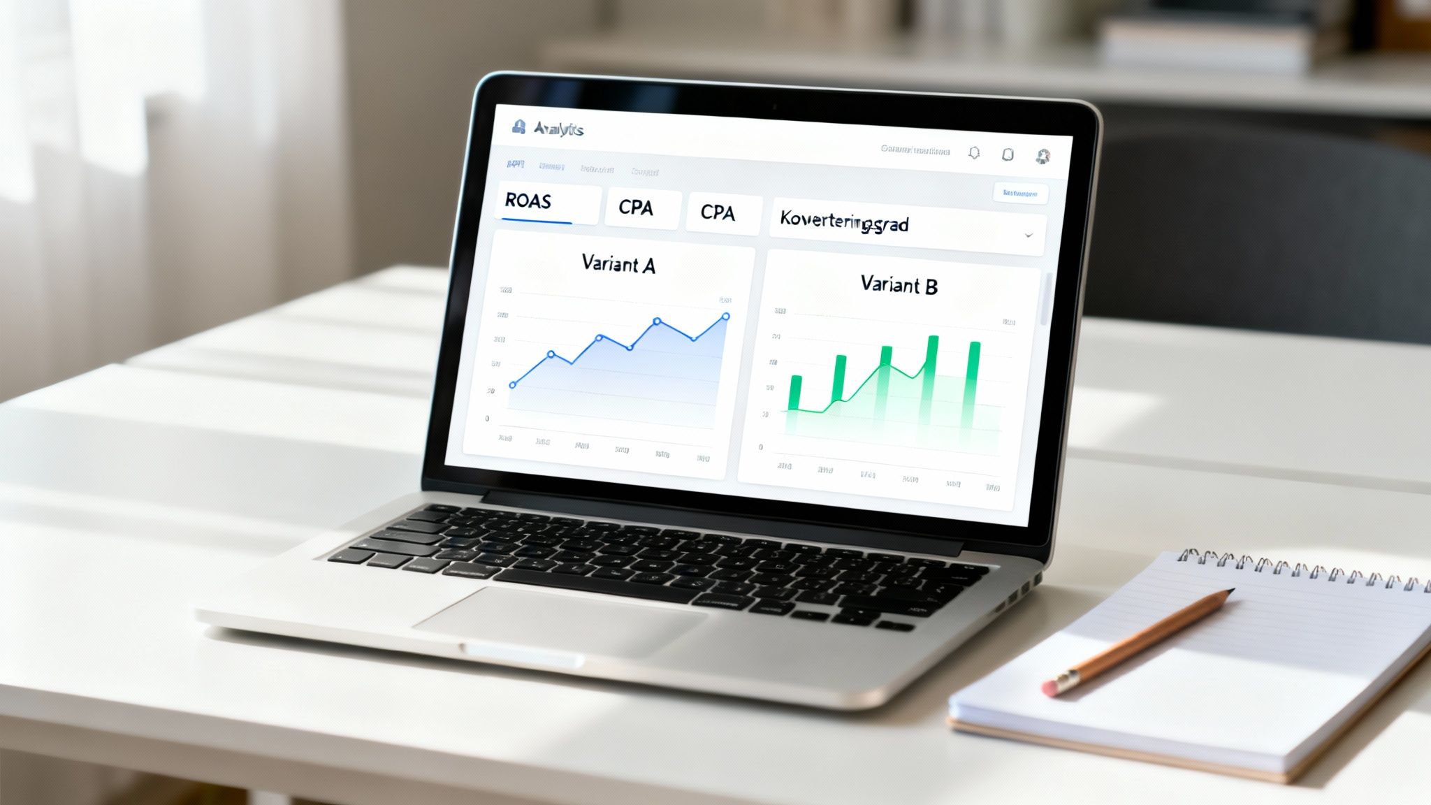 Bärbar dator med analysinstrumentpanel, inklusive linje- och stapeldiagram, på ett ljust skrivbord med anteckningsbok och penna.
