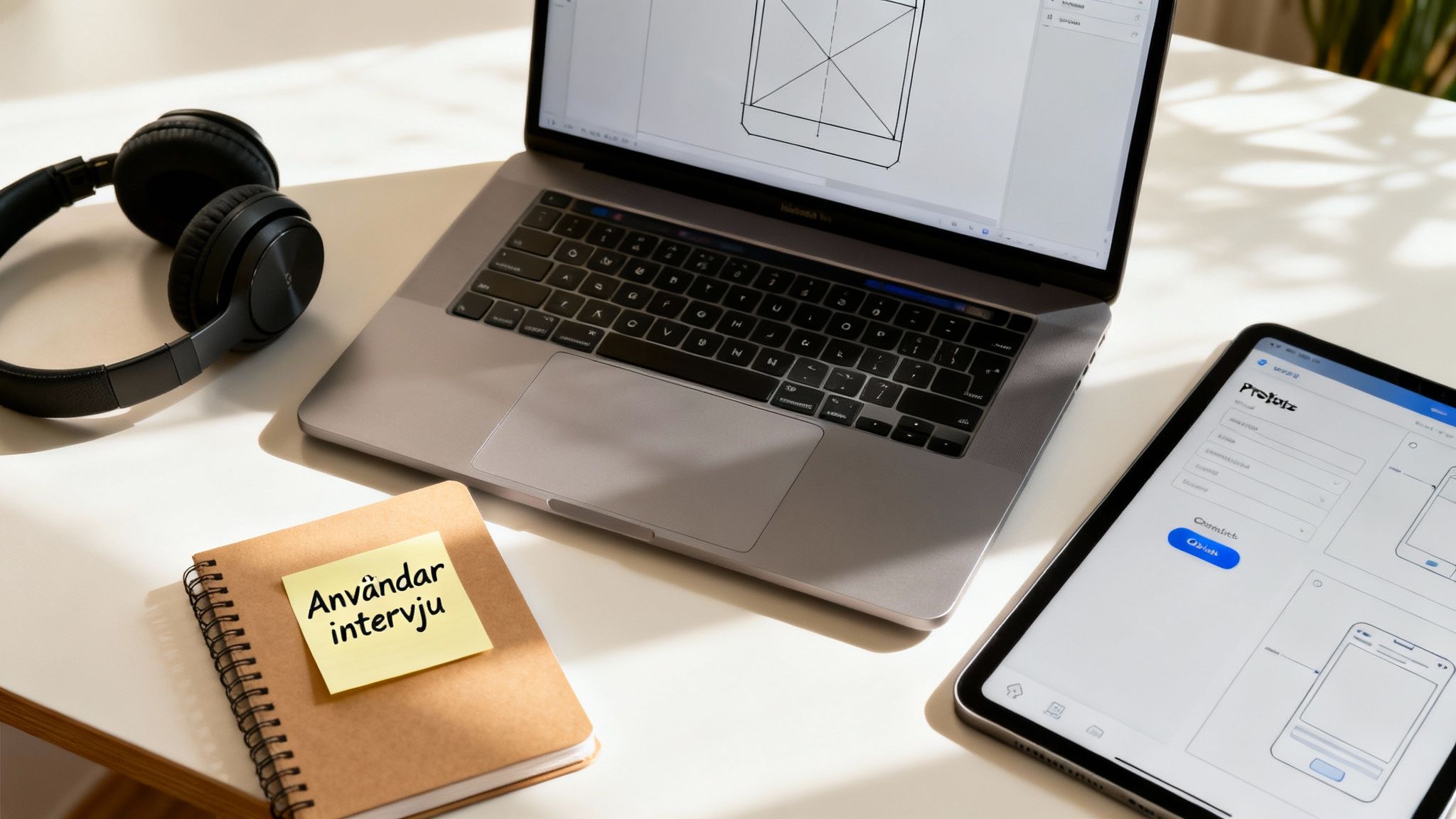 En arbetsplats med laptop, hörlurar, anteckningsbok och surfplatta som visar UX/UI-design och en lapp med texten 'Användarintervju'.