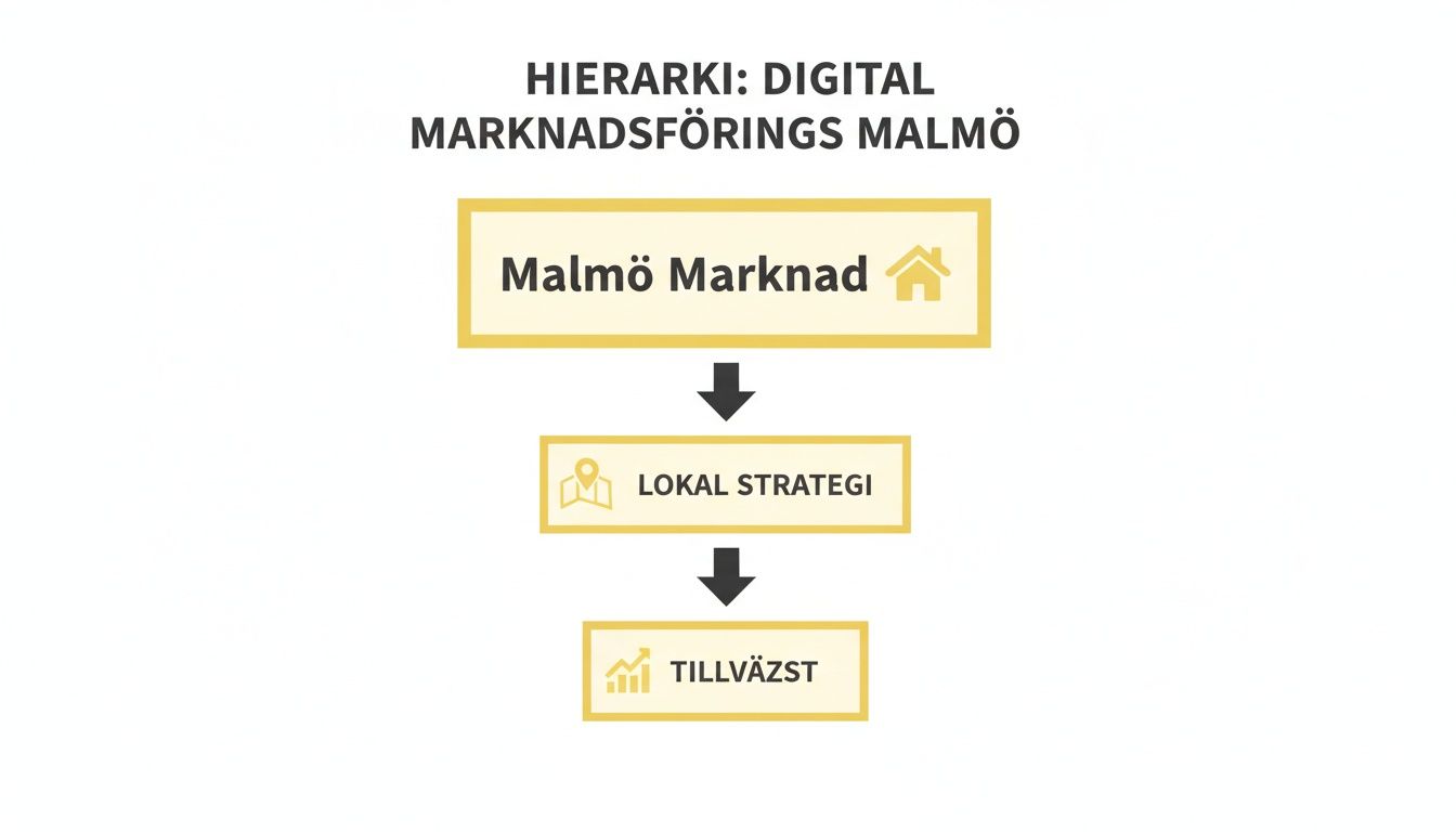 Diagram som visar hierarkin för digital marknadsföring i Malmö, från Malmö Marknad till Lokal Strategi och Tillväxt.