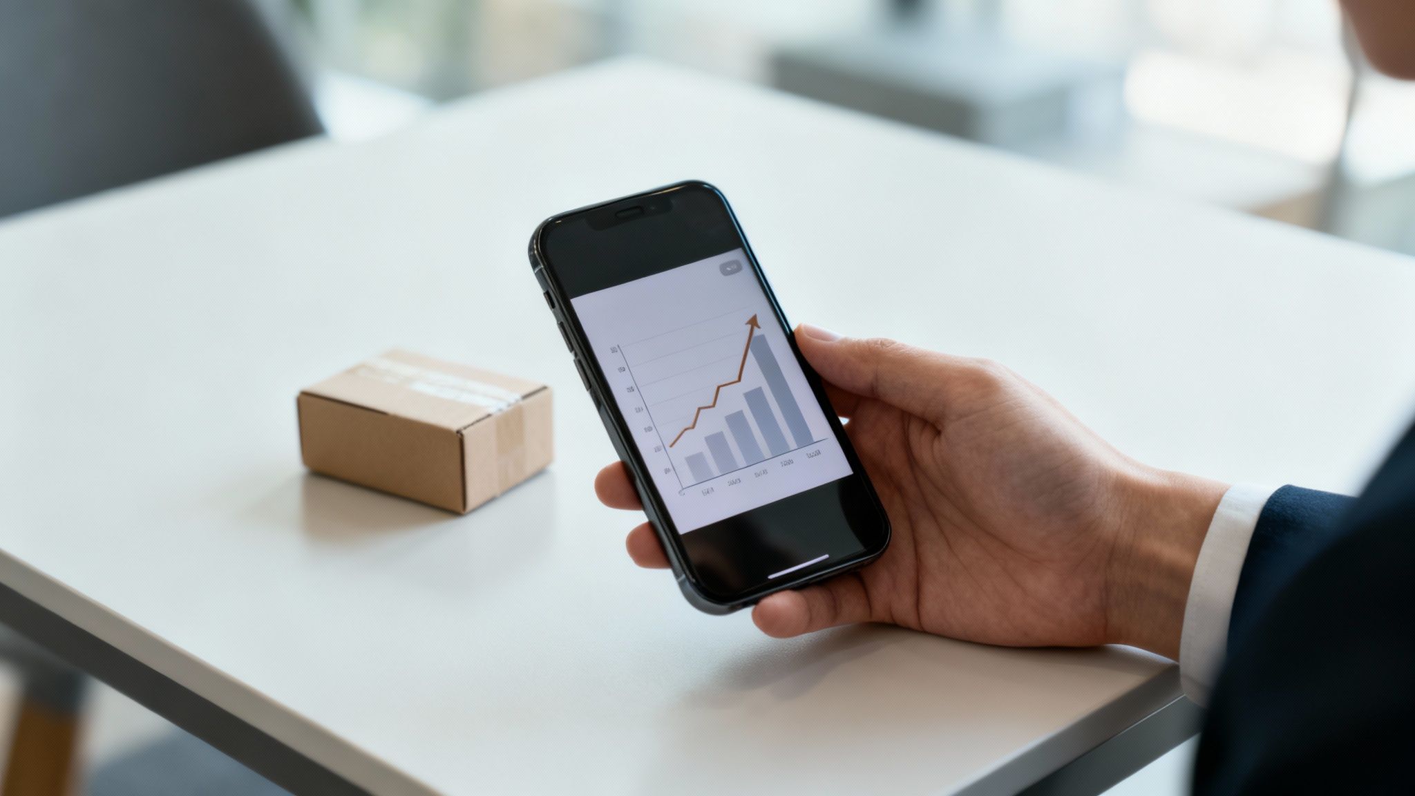 En hand håller en smartphone som visar en uppåtgående trendgraf, med ett litet paket på bordet.
